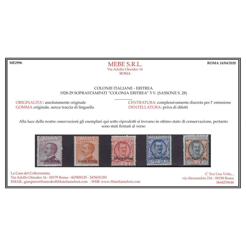 COLONIE ERITREA 1928-29 FRANCOBOLLI D' ITALIA 5 V. SOPR. G.I. MNH**...