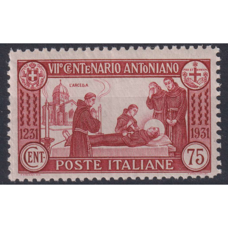 REGNO D'ITALIA 1931 S. ANTONIO 75 CENTESIMI DENT.12 G.I MNH** CERT....