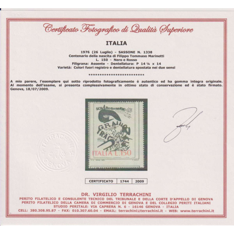 REPUBBLICA 1976 MARINETTI 150 L. VARIETA' G.I MNH** CERT.  | Filate...