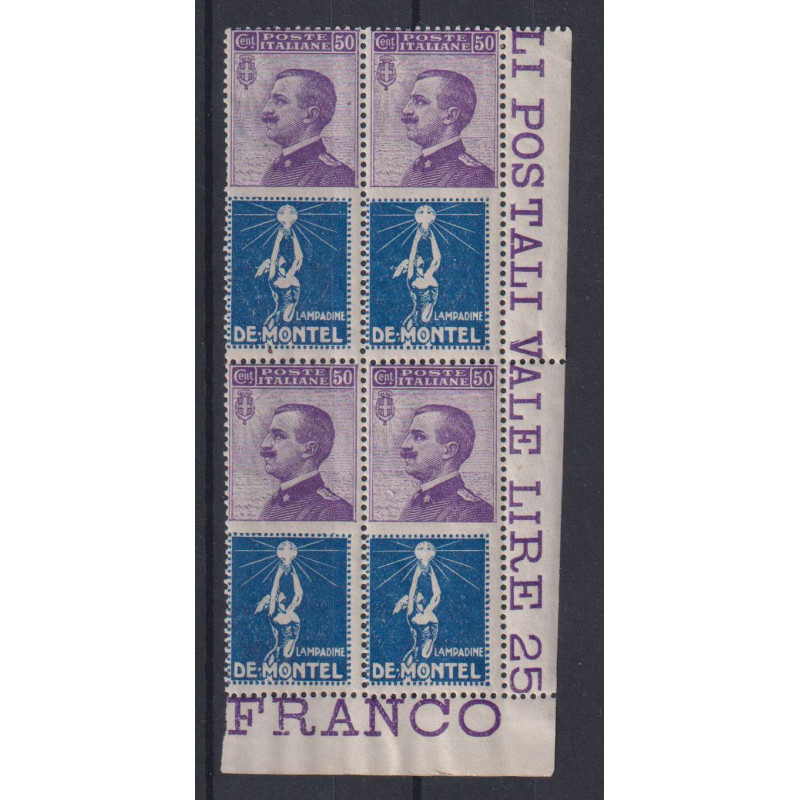 REGNO 1924-25 PUBBLICITARI QUARTINA 50 C. DE MONTEL N.12b G.I MNH**...