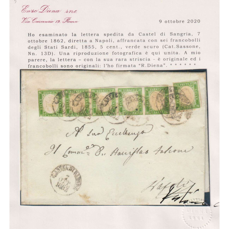 SARDEGNA 1862 STRISCIA DI 5 V. + 1 V. N.13D USATA SU BUSTA CERT.  |...