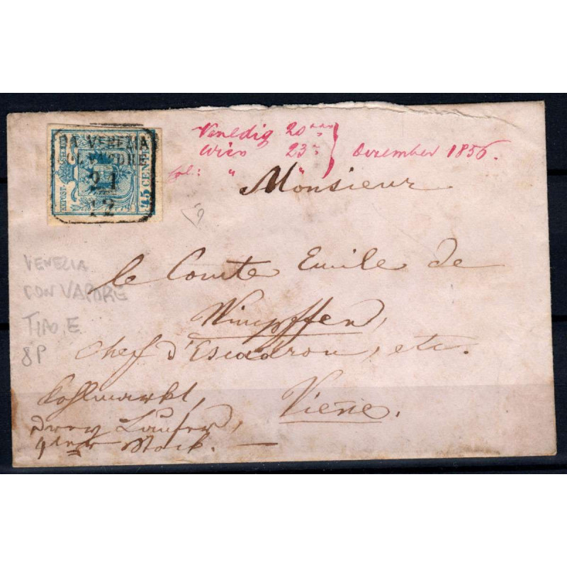 LOMBARDO VENETO 1852 45 C. III TIPO N.12 US SU BUSTA ANN. VAPORE  |...