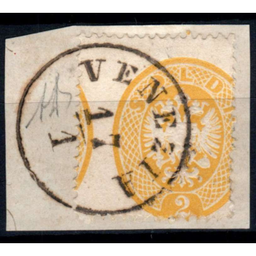 LOMBARDO VENETO 1863 2 SOLDI GIALLO N.36ba US SU FRAMMENTO CERT.  |...