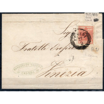 LOMBARDO VENETO 1850 15 CENTESIMI III TIPO N.6 US. SU BUSTA CON FIL...