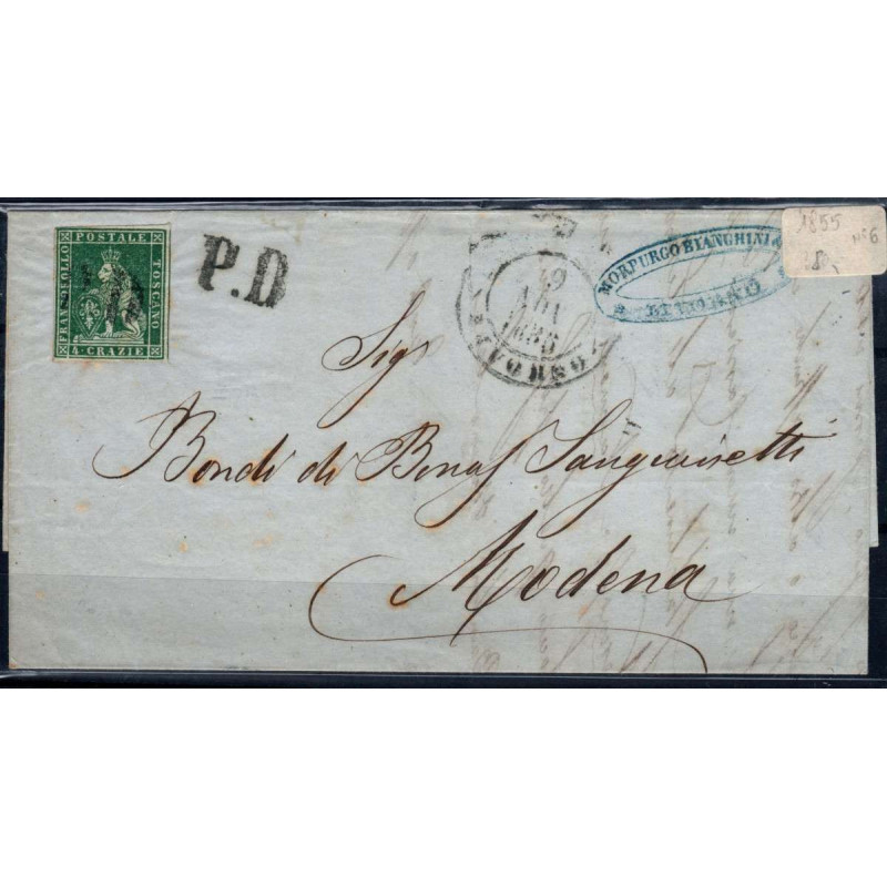 TOSCANA 1851-52 4 CRAZIE N.6 US SU BUSTA CERT. MARGINATO  | Filatel...