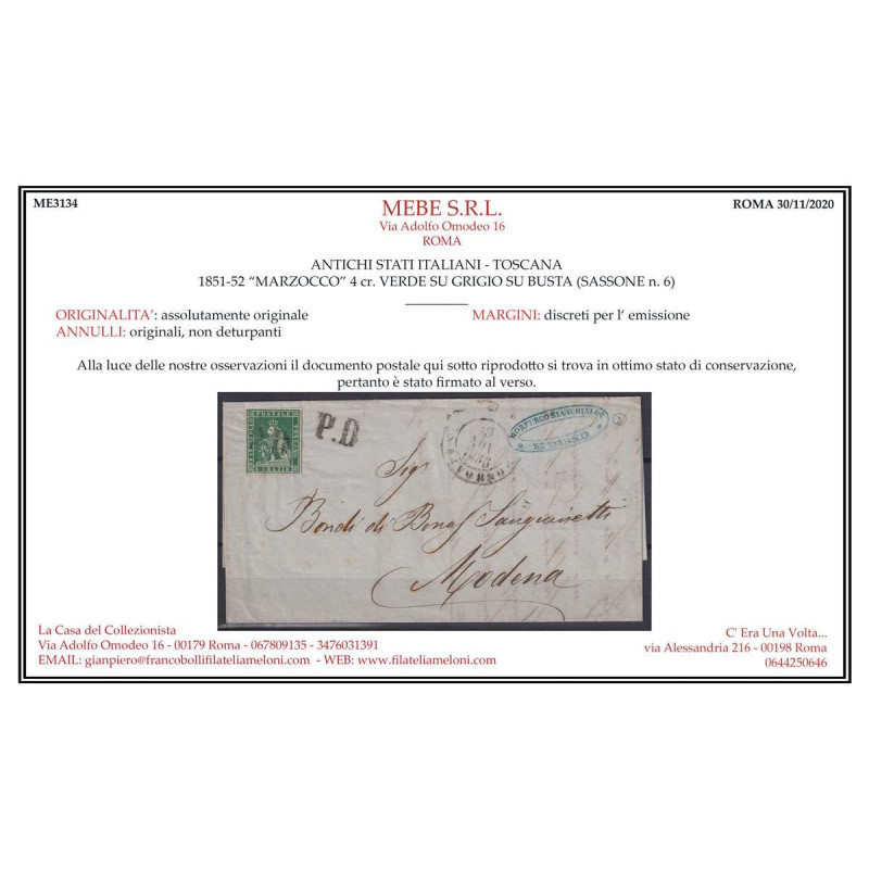 TOSCANA 1851-52 4 CRAZIE N.6 US SU BUSTA CERT. MARGINATO  | Filatel...