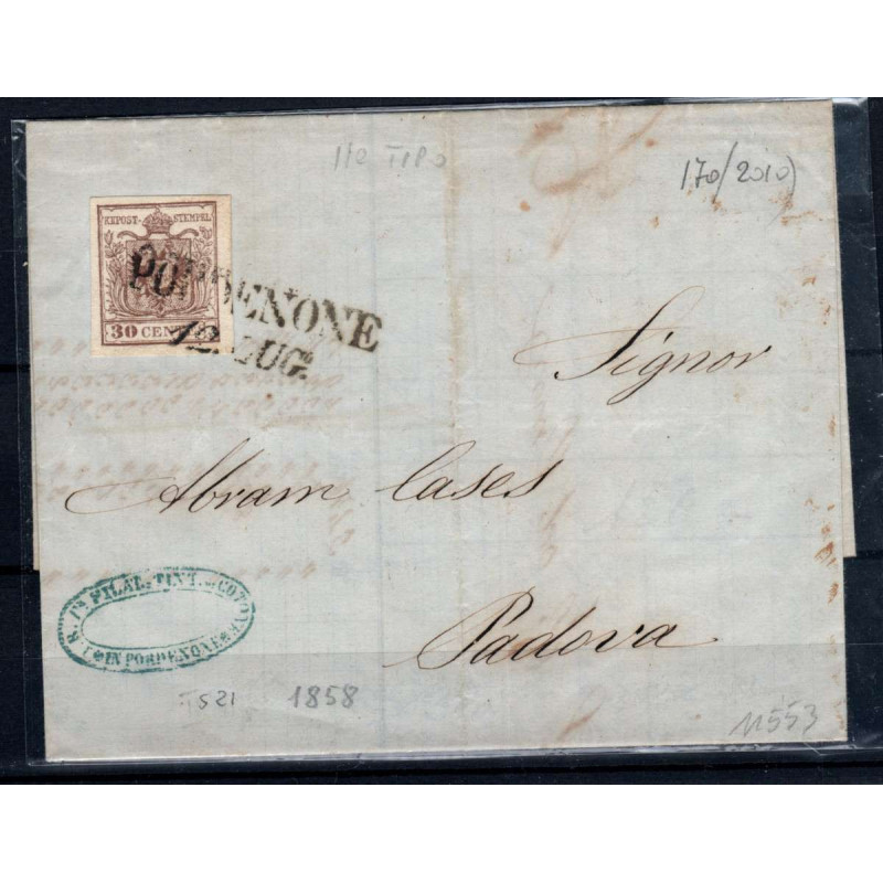 LOMBARDO VENETO 1853 30 CENTESIMI N.8 US MARGINATO SU BUSTA  | Fila...