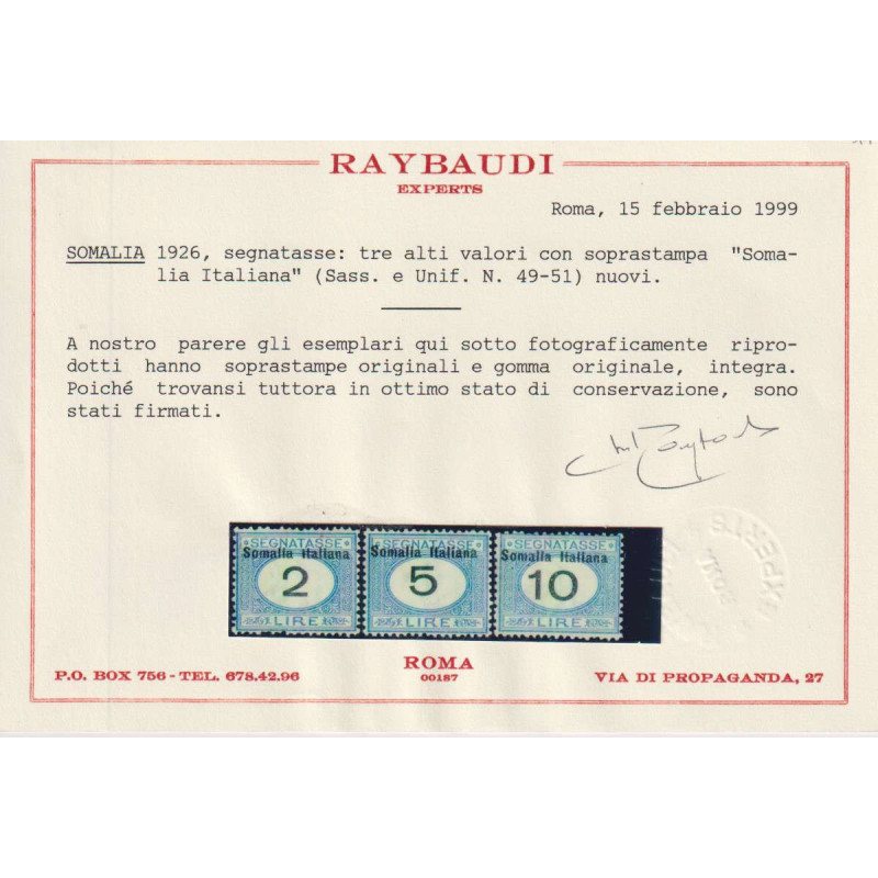 COLONIE SOMALIA 1926 SEGNATASSE 11 V. N.41-51 G.I MNH** CERT.  | Fi...