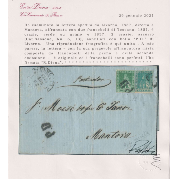 TOSCANA 1851-52 4 CRAZIE E 1857 2 CRAZIE MISTA SU BUSTA CERTIFICATA...