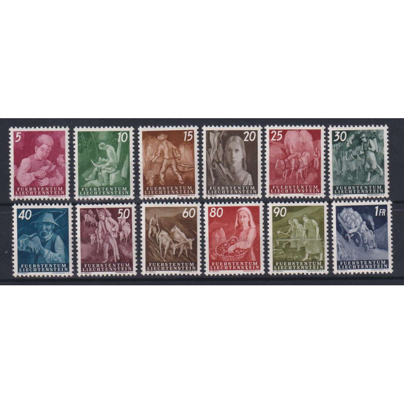 LIECHTENSTEIN 1951 SOGGETTI DI VITA QUOTIDIANA 12 VALORI G.I MNH** ...