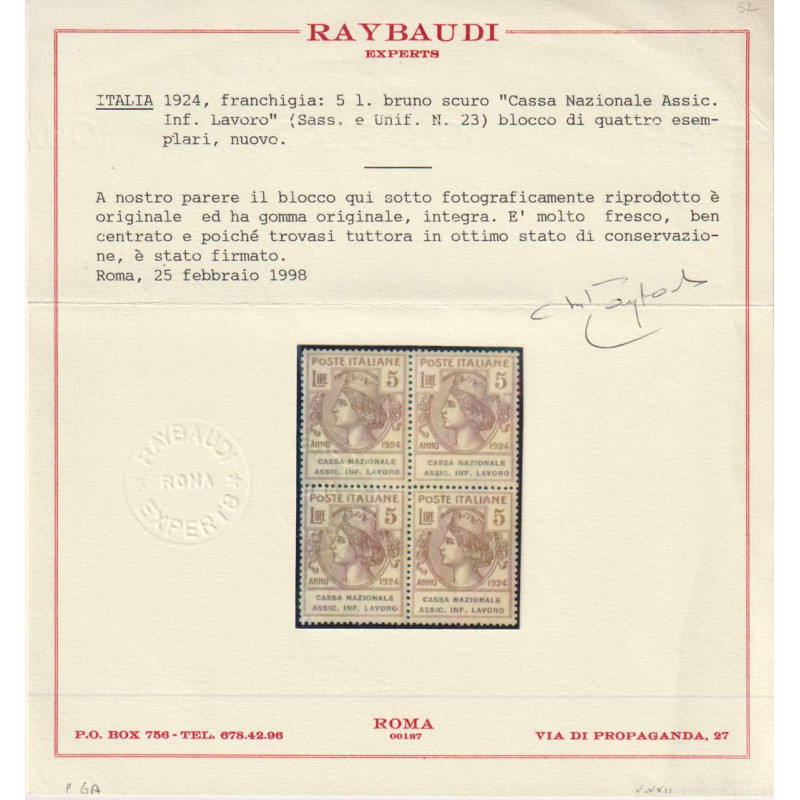 REGNO 1924 PARASTATALI CASSA NAZIONALE ASSIC. INF. LAVORO 5 L. G.I ...