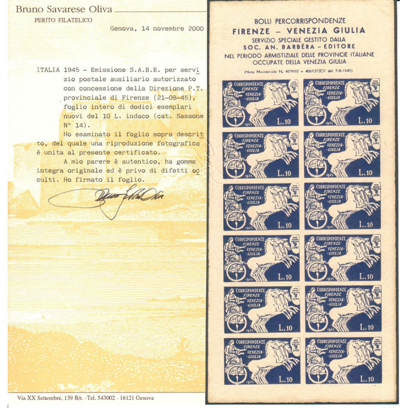 LUOGOTENENZA 1945 S.A.B.E MINIFOGLI 3 V. N.1-3 G.I MNH** CERT.  | F...