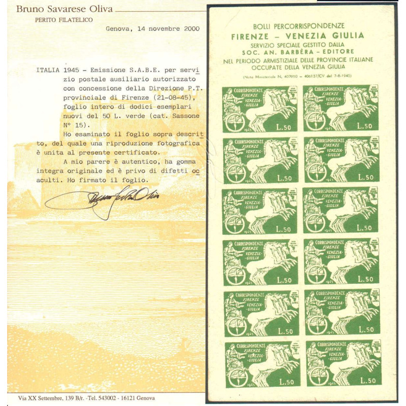 LUOGOTENENZA 1945 S.A.B.E MINIFOGLI 3 V. N.1-3 G.I MNH** CERT.  | F...