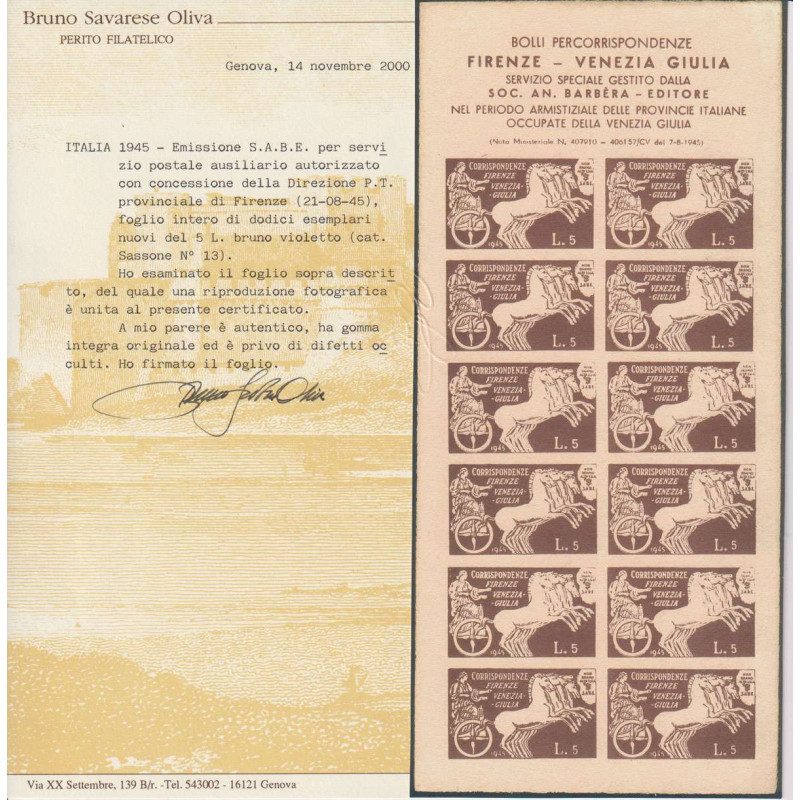 LUOGOTENENZA 1945 S.A.B.E MINIFOGLI 3 V. N.1-3 G.I MNH** CERT.  | F...