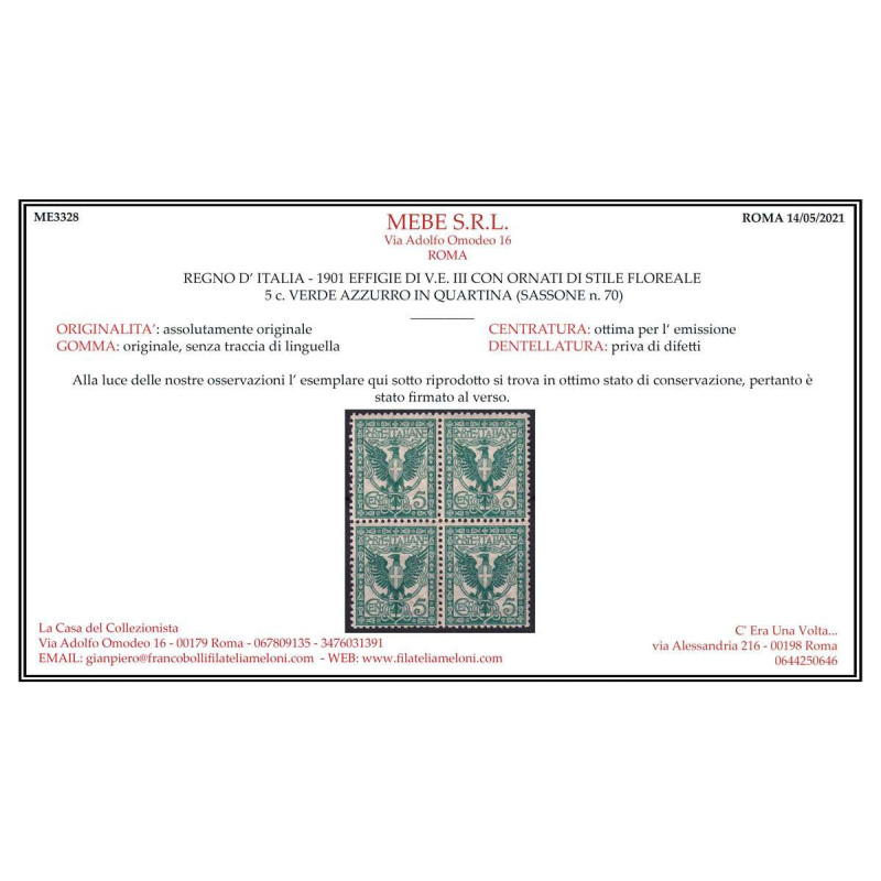 REGNO 1901 QUARTINA FLOREALE 5 CENTESIMI N.70 G.I MNH** CERT.  | Fi...