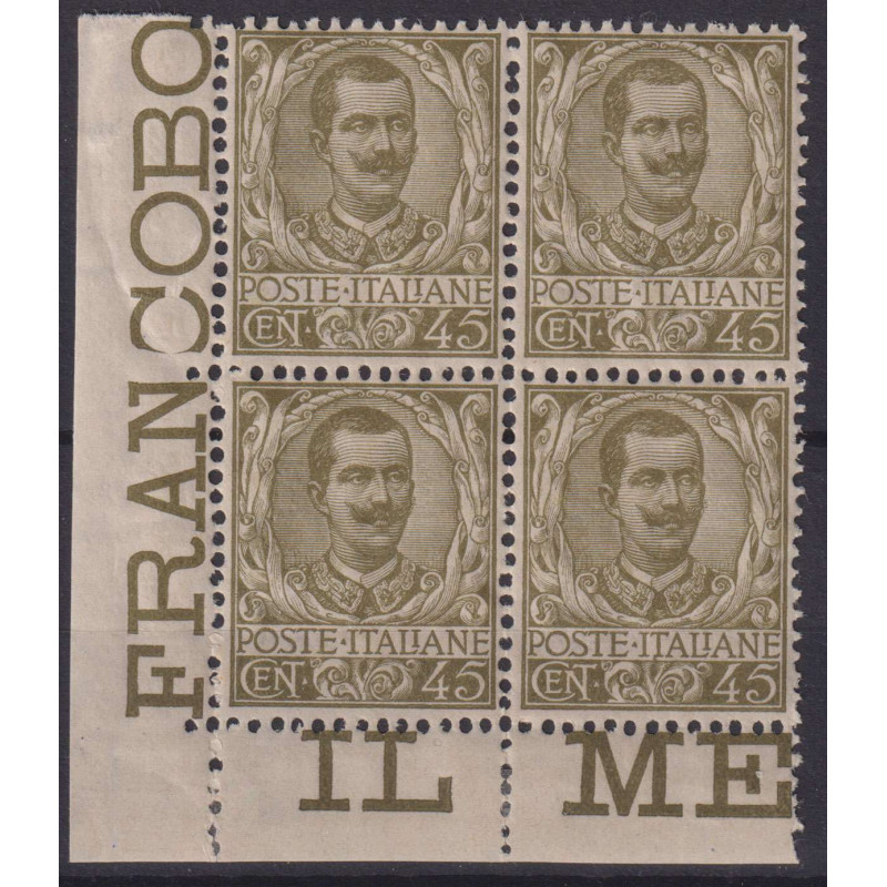 REGNO 1901 QUARTINA FLOREALE 45 CENTESIMI N.75 G.I MNH** BORDO FOGL...