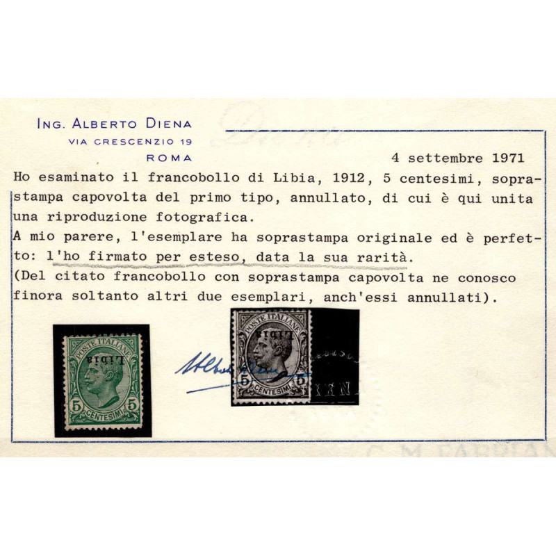 LIBIA 1912-15 5 c. SOPRASTAMPA I TIPO CAPOVOLTA n. 3c US. 3 ESISTEN...