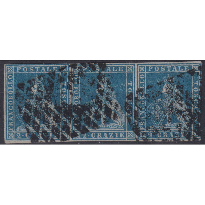 TOSCANA 1851-52 STRISCIA 2 CRAZIE AZZURRO SU GRIGIO N.5d 3 V. USATA...