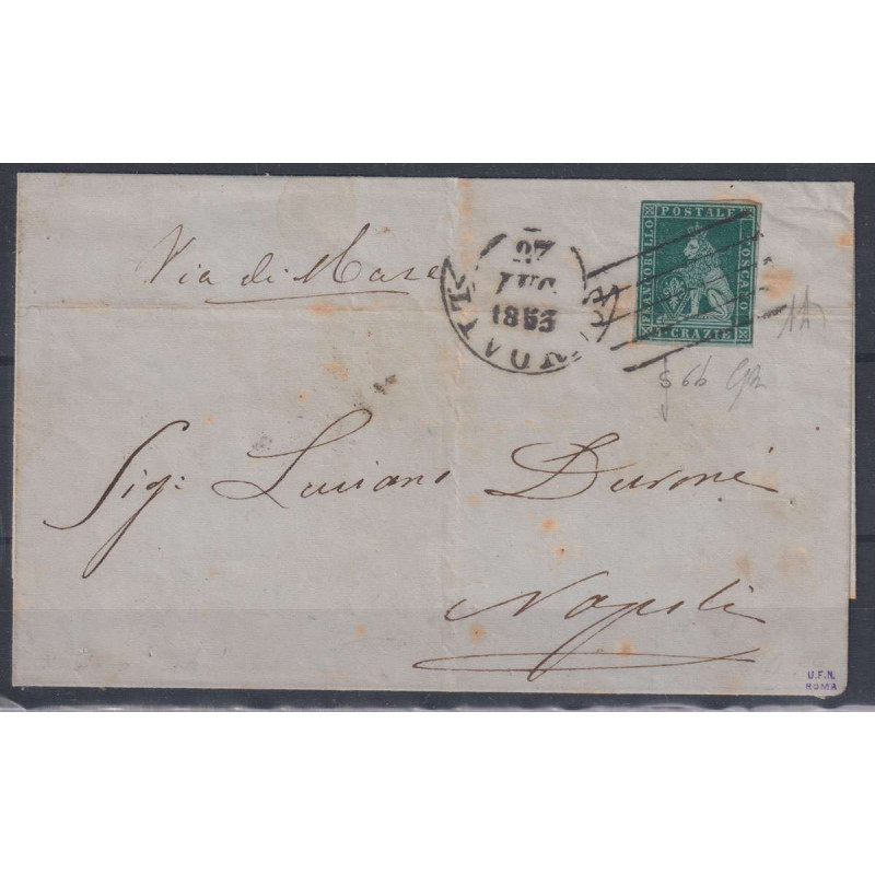 TOSCANA 1851-52 4 CRAZIE VERDE SCURO SU AZZURRO N.6e SU BUSTA FIRMA...