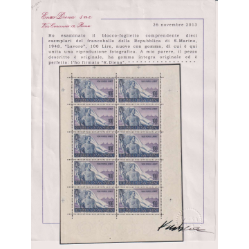 SAN MARINO 1948 MINIFOGLIO LAVORO N.9 G.I MNH** CERT. SENZA PIEGA  ...