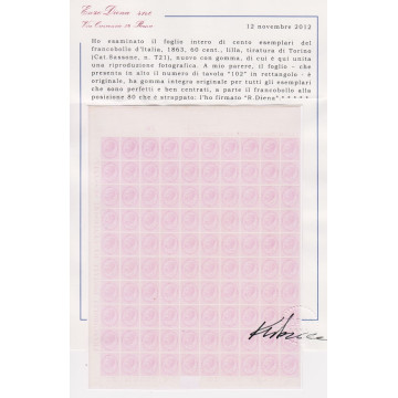 1863 60c. TORINO ECCEZIONALE FOGLIO COMPLETO DA 100 NUMERO TAVOLA C...