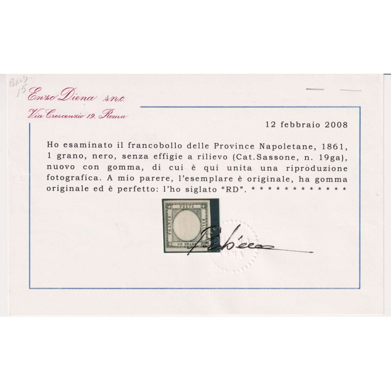 PROVINCE NAPOLETANE 1861 1 GRANO NERO N.19ga G.O MH* CERTIFICATO  |...