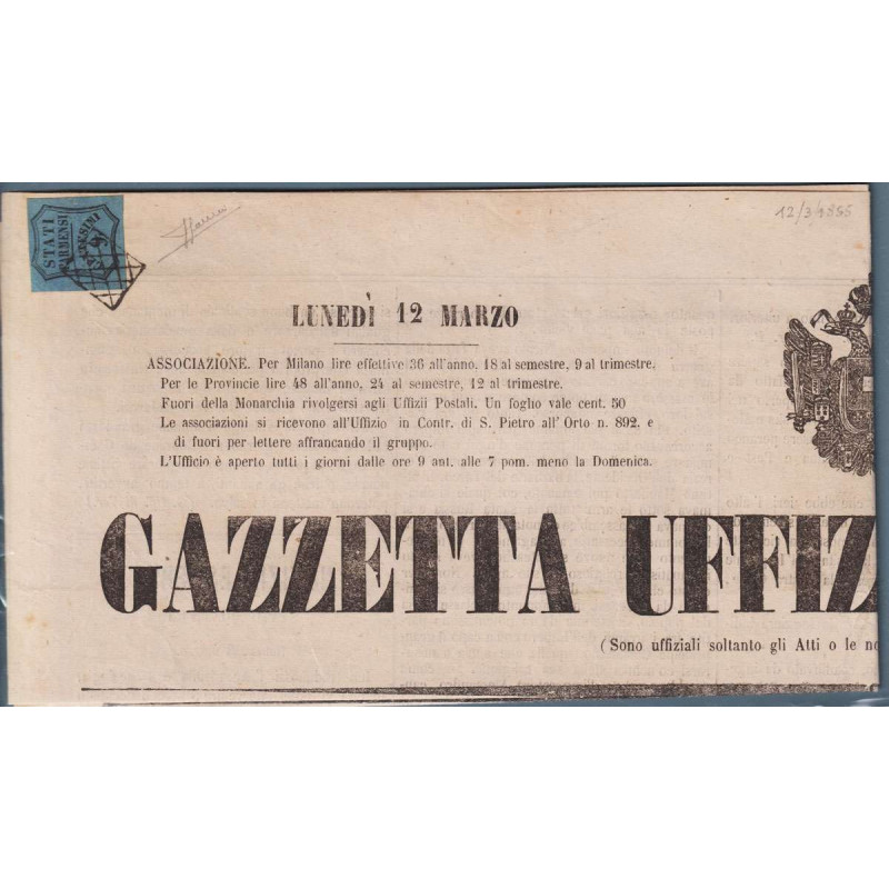 PARMA 1853-57 SEGNATASSE PER GIORNALI 9 CENTESIMI N.2 US SU GIORNAL...