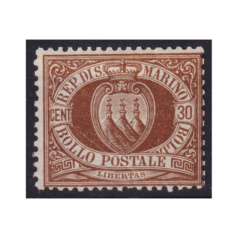 SAN MARINO 1877-90 STEMMA 30 CENTESIMI N.6 G.O MLH* SIGLATO E.DIENA...