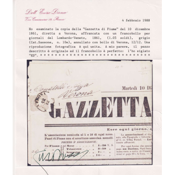 LOMBARDO VENETO 1861 1,05 SOLDI N.10 US SU GIORNALE GAZZETTA DI FIU...