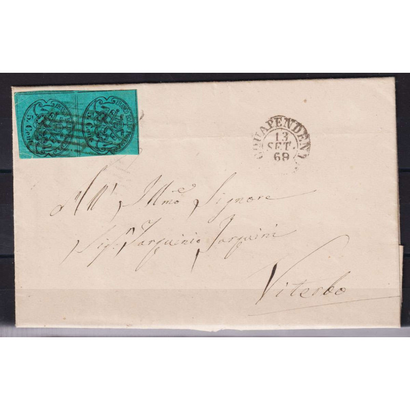 STATO PONTIFICIO 1867 COPPIA 5 C. AZZURRO VERDASTRO N.16 SU BUSTA P...