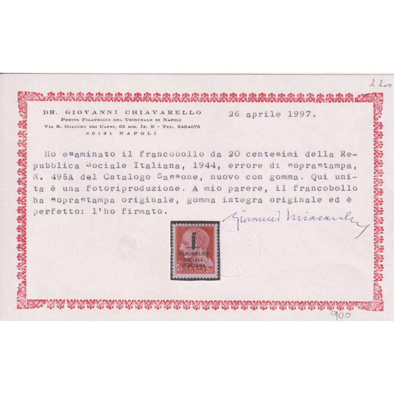 REPUBBLICA SOCIALE 1944 20 CENTESIMI N.495/A G.I MNH** CERT.  | Fil...