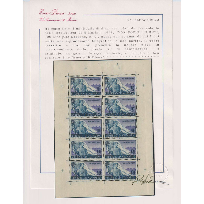 SAN MARINO 1948 MINIFOGLIO LAVORO N.9 G.I MNH** 2 CERT. SENZA PIEGA...