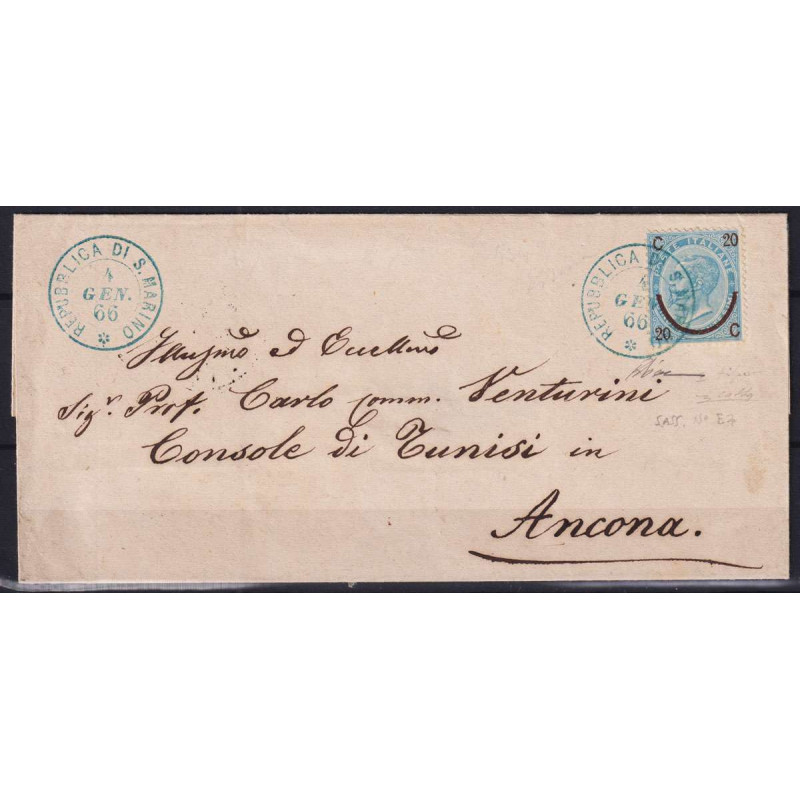 SAN MARINO 1866 PRECURSORI REP. SAN MARINO N.E7 FERRO SU BUSTA CERT...