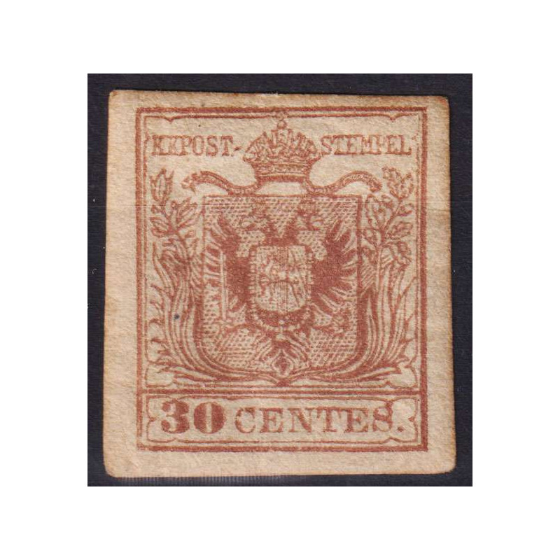 LOMBARDO VENETO 1850 30 C. CARTA A MANO II TIPO N.9a G.O MH* CERT. ...