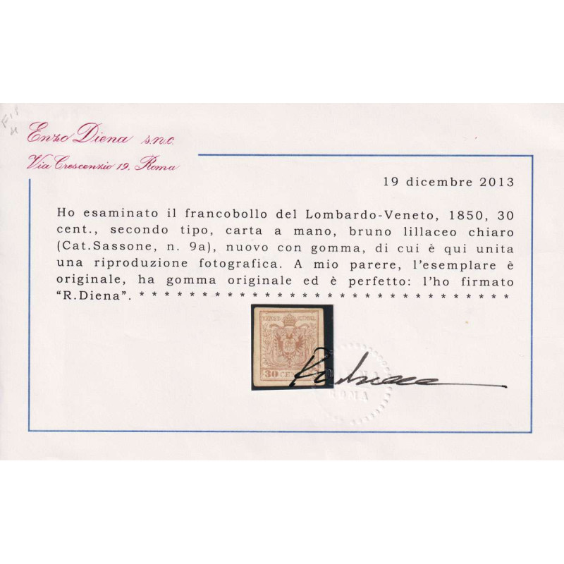 LOMBARDO VENETO 1850 30 C. CARTA A MANO II TIPO N.9a G.O MH* CERT. ...