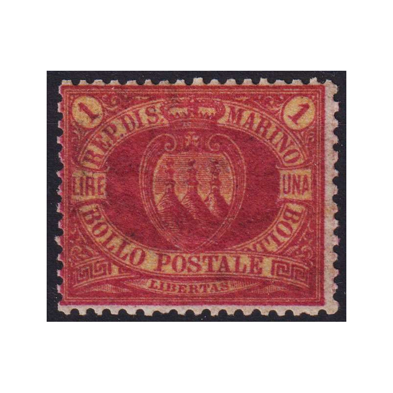 SAN MARINO 1892-94 1 LIRA ROSSA N.20 G.I MNH** CERT.  | Filatelia M...