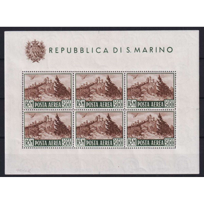 SAN MARINO 1951 FOGLIETTO VEDUTA 500 LIRE N.12 G.I MNH** CERT. BOLA...