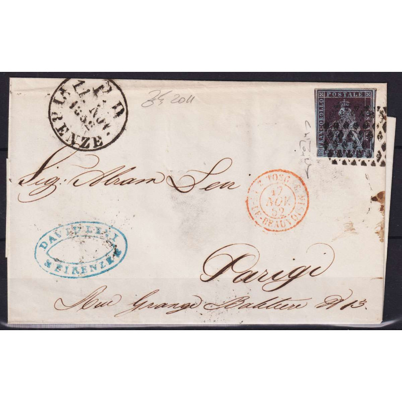 TOSCANA 1851-52 9 CRAZIE BRUNO SCURISSIMO N.8a US SU BUSTA CERT.  |...