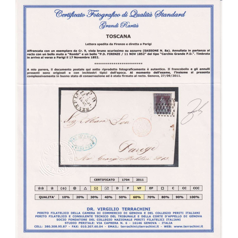 TOSCANA 1851-52 9 CRAZIE BRUNO SCURISSIMO N.8a US SU BUSTA CERT.  |...