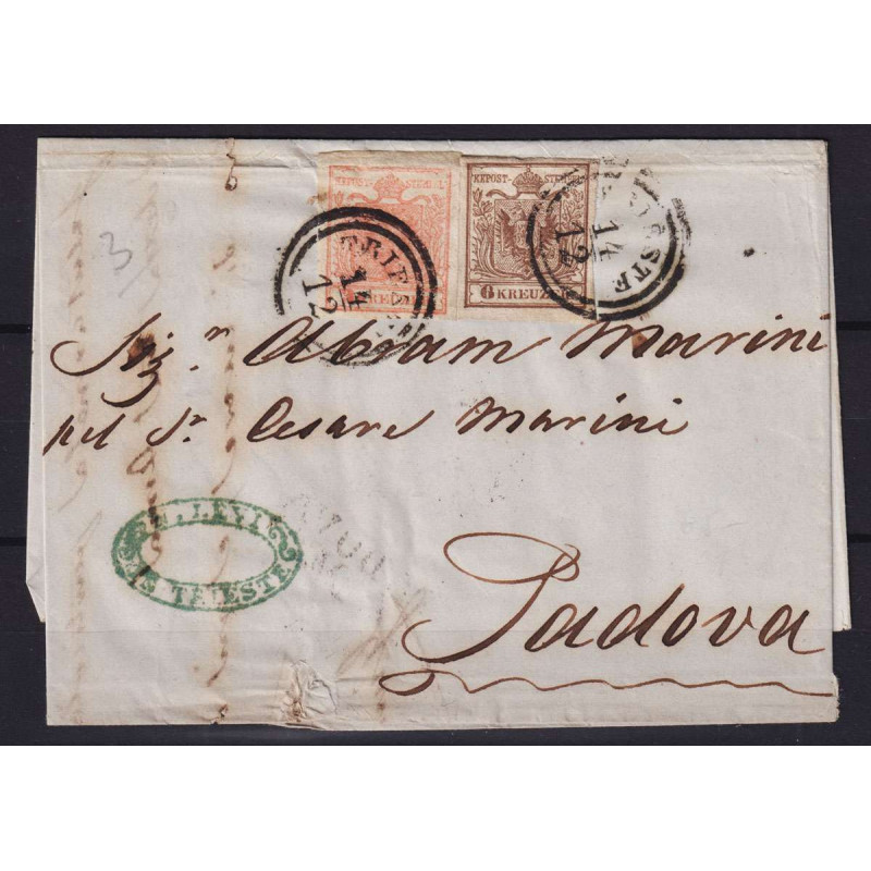 AUSTRIA 1850 MISTA 3 KREUZER + 6 KREUZER SU BUSTA DA TRIESTE A PADO...