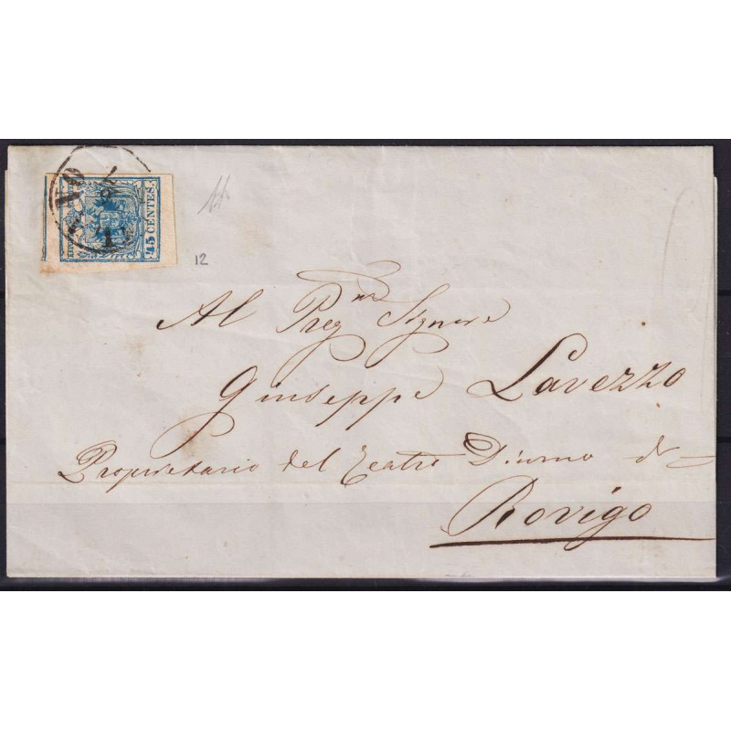 LOMBARDO VENETO 1850 45 CENT. III TIPO AZZURRO N.12 SU BUSTA FIRMAT...