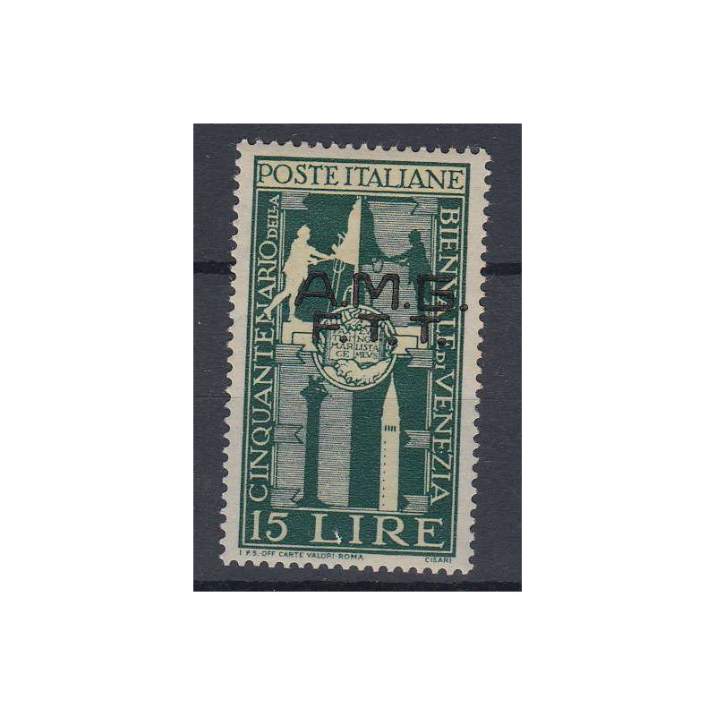 TRIESTE ZONA "A" 1949 BIENNALE VENEZIA 15 L DECALCO SOPR. 36b G.O M...