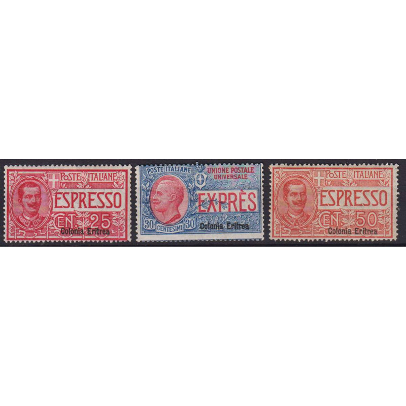 ERITREA 1907-21 ESPRESSI 3 VALORI G.O MH*  | Filatelia Meloni