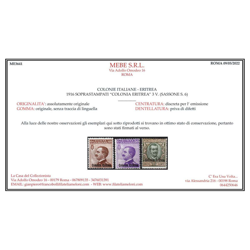 ERITREA 1916 SERIE COMPLETA 3 VALORI N.38-40 G.I MNH** CERT.  | Fil...