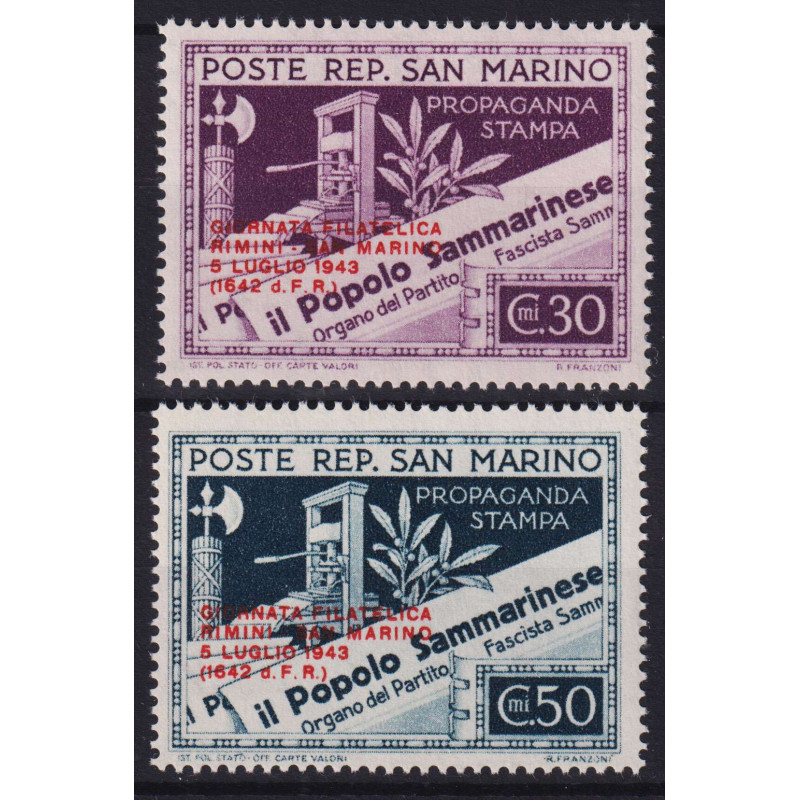 SAN MARINO 1943 GIORNATA FILATELICA RIMINI SAN MARINO 2 V. G.I MNH*...