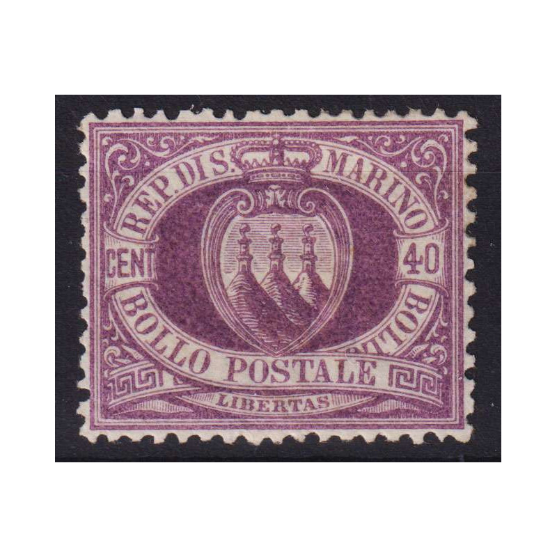 SAN MARINO 1877-90 40 CENTESIMI N.7a VIOLETTO G.O MLH* BEN CENTRATO...