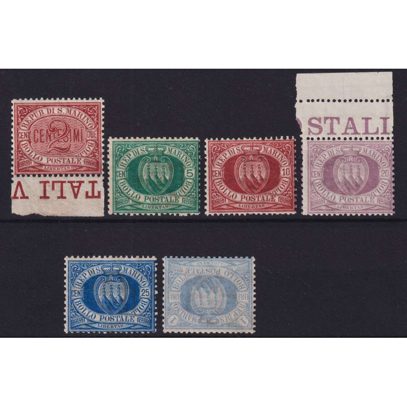 SAN MARINO 1894-99 STEMMI SERIE CMP 6 V. G.O MLH* CERT. BOLAFFI 125...