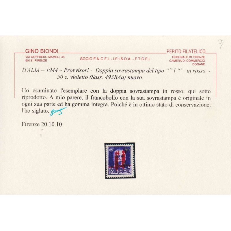 R.S.I 1944 IMPERIALE 50 C. CON VARIETA' N.493BAb G.I MNH** CERT.  |...