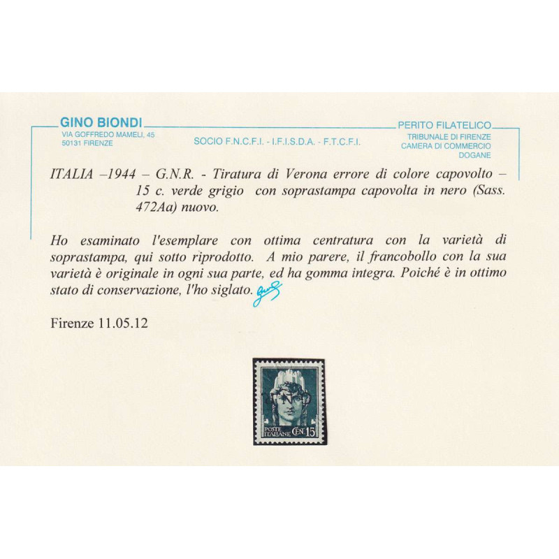 R.S.I 1944 15 CENTESIMI ERRORE DI COLORE N.472Aa G.I MNH** CERT.  |...