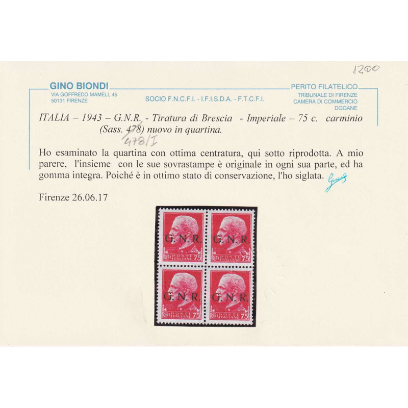 R.S.I 1944 G.N.R BRESCIA QUARTINA 75 C. N.478/I G.I MNH** CERT.  | ...